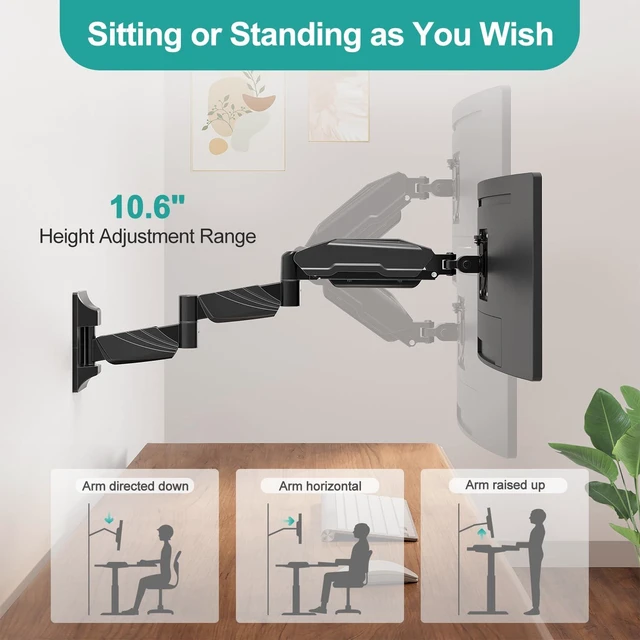 Alt view image 2 of 7 - MOUNT PRO Monitor Wall Mount for 13 to 32 inch Computer Screen, Extra Long Adjustable Single Wall Mount Monitor Arm, Full Motion Vesa Wall Bracket 100x100, Hold up to 17.6lbs, Black
