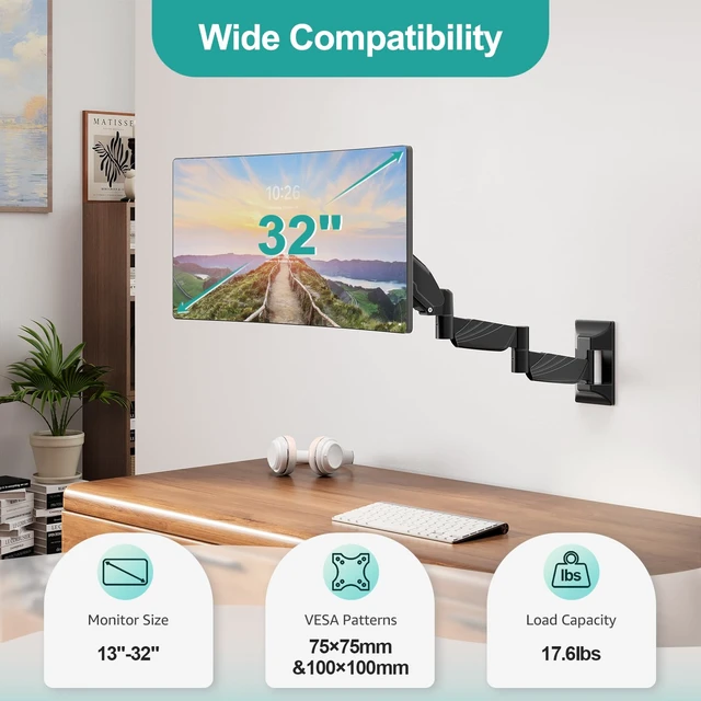 Alt view image 3 of 7 - MOUNT PRO Monitor Wall Mount for 13 to 32 inch Computer Screen, Extra Long Adjustable Single Wall Mount Monitor Arm, Full Motion Vesa Wall Bracket 100x100, Hold up to 17.6lbs, Black