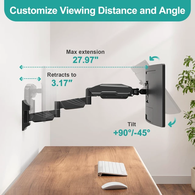 Alt view image 6 of 7 - MOUNT PRO Monitor Wall Mount for 13 to 32 inch Computer Screen, Extra Long Adjustable Single Wall Mount Monitor Arm, Full Motion Vesa Wall Bracket 100x100, Hold up to 17.6lbs, Black