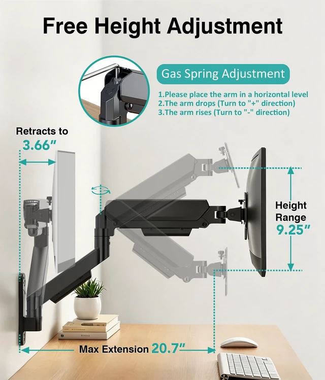 Alt view image 6 of 7 - AX WABER Single Monitor Wall Mount for 17 to 32 inch Flat/Curved Computer Screens,Full Motion Adjustable Mechanical Spring Monitor Wall Arm Holds Up to 22lbs,VESA Wall Mount 75x75/100x100, Black