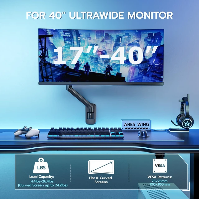 Alt view image 2 of 7 - ARES WING 17-40 Inch Ultrawide Single Monitor Wall Mount, Black | Heavy Duty Monitor Arm Up to 26.4 lbs, Fully Adjustable Wall Mount, VESA 75x75/100x100 Compatible