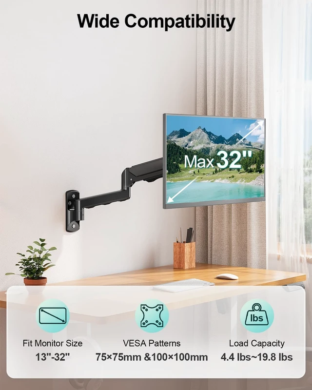 Alt view image 2 of 7 - MOUNT PRO Monitor Wall Mount for 13 to 32 Inch Screens, Holds up to 19.8lbs | Single Monitor Mount with Tilt/Swivel/Rotation Adjustable, Gas Spring Wall Arm VESA Mount 75x75mm/100x100mm
