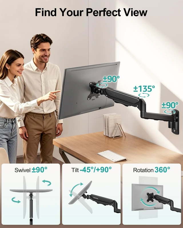 Alt view image 3 of 7 - MOUNT PRO Monitor Wall Mount for 13 to 32 Inch Screens, Holds up to 19.8lbs | Single Monitor Mount with Tilt/Swivel/Rotation Adjustable, Gas Spring Wall Arm VESA Mount 75x75mm/100x100mm