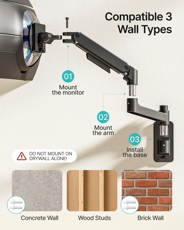 Alt view image 6 of 7 - PEGZONE Single Monitor Wall Mount for 17-49 Inch Curved Ultrawide Screens | Heavy Duty Gas Spring Computer Arm Holds up to 44 lbs Fits 75x75/100x100 VESA, Full Motion Tilt, Swivel & Height Adjust