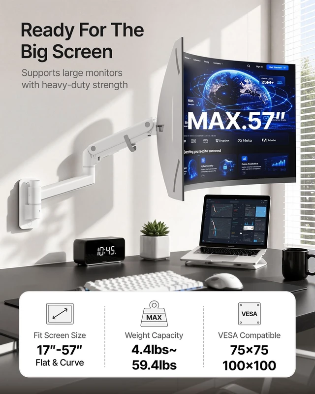 Alt view image 2 of 7 - monTEK Single Monitor Wall Mount, 1757" Gas Spring Arm, Heavy Duty, White | Fits Max 57" Curved & Ultrawide Monitors, Holds Up to 59.4 Lbs, Full Motion Wall Mount, Compatibleith 75/100mm VESA