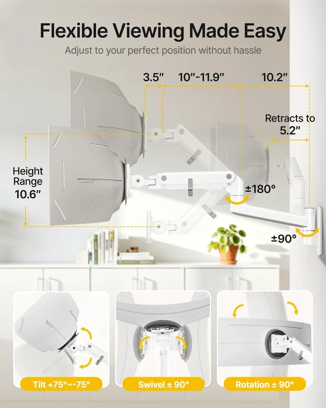 Alt view image 4 of 7 - monTEK Single Monitor Wall Mount, 1757" Gas Spring Arm, Heavy Duty, White | Fits Max 57" Curved & Ultrawide Monitors, Holds Up to 59.4 Lbs, Full Motion Wall Mount, Compatibleith 75/100mm VESA