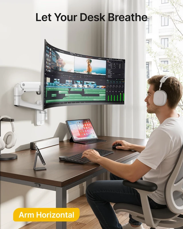 Alt view image 7 of 7 - monTEK Single Monitor Wall Mount, 1757" Gas Spring Arm, Heavy Duty, White | Fits Max 57" Curved & Ultrawide Monitors, Holds Up to 59.4 Lbs, Full Motion Wall Mount, Compatibleith 75/100mm VESA