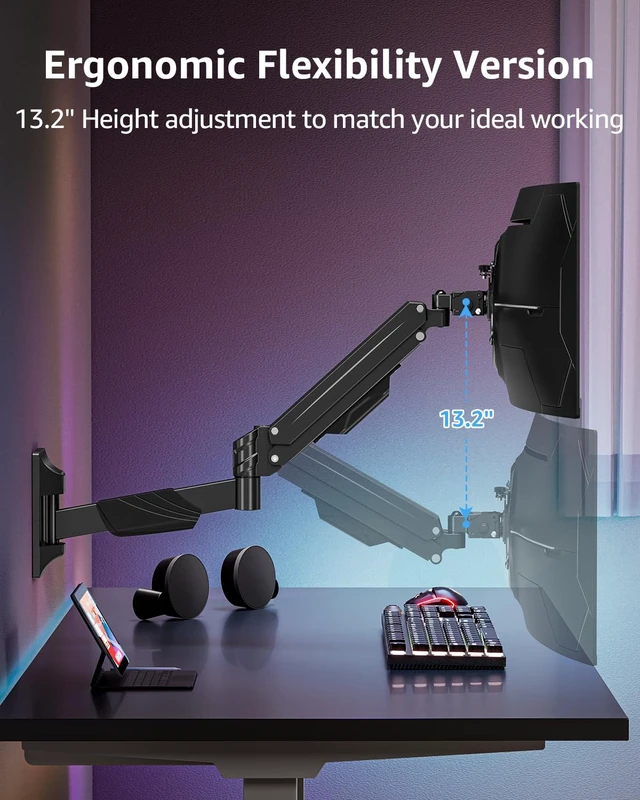 Alt view image 4 of 7 - MOUNTUP Monitor Wall Mount for 22-43 Inch Curved Screens, Holds 2.2 to 33.1 lbs, Ultrawide Computer Monitor Wall Mount, Heavy Duty Wall Monitors Arm, 75x75 mm to 200x200 mm Vesa Mounts