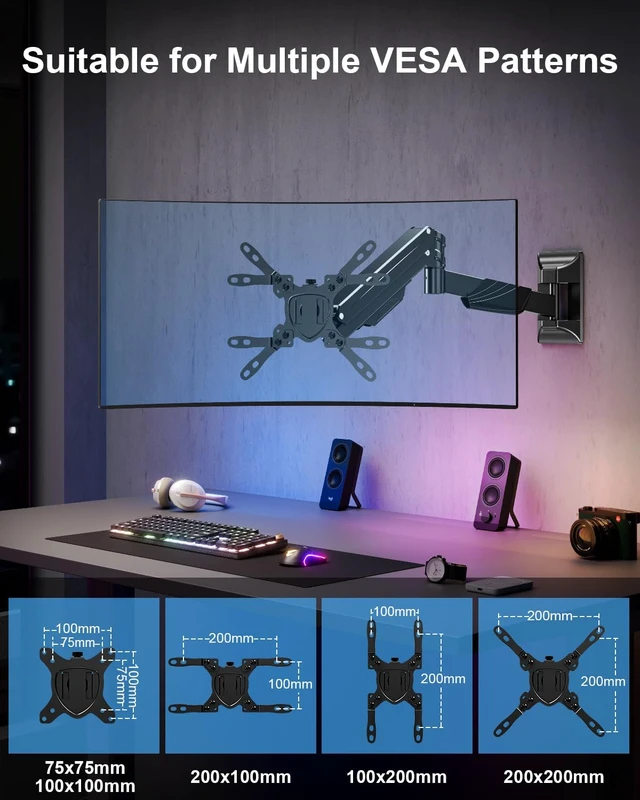 Alt view image 7 of 7 - MOUNTUP Monitor Wall Mount for 22-43 Inch Curved Screens, Holds 2.2 to 33.1 lbs, Ultrawide Computer Monitor Wall Mount, Heavy Duty Wall Monitors Arm, 75x75 mm to 200x200 mm Vesa Mounts