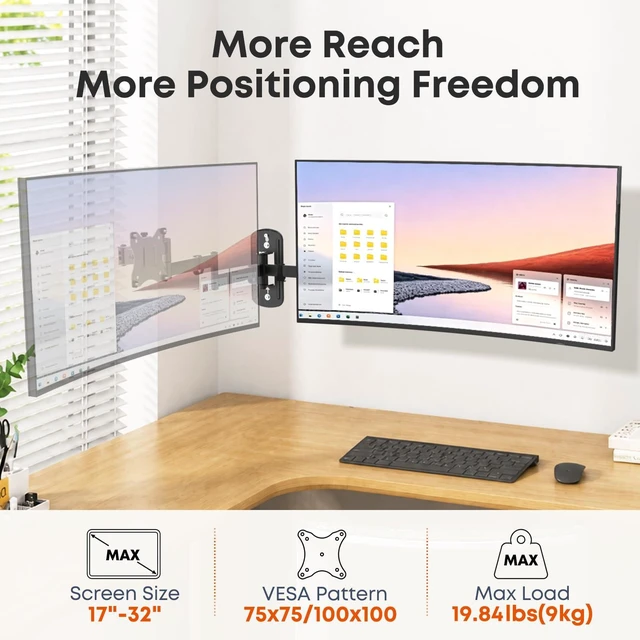 Alt view image 3 of 7 - Long Arm Monitor Wall Mount up to 32 Inch, Heavy Duty 3-Section Steel Arm | 25.94'' Extra Long Wall Mount Monitor Arm, Full Motion VESA Wall Bracket, 75/100mm, Max Loads 19.8lbs