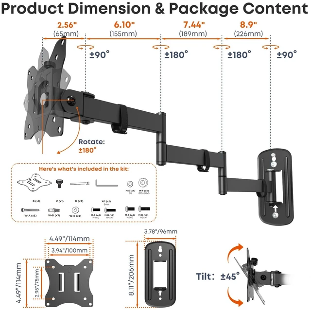 Alt view image 5 of 7 - Long Arm Monitor Wall Mount up to 32 Inch, Heavy Duty 3-Section Steel Arm | 25.94'' Extra Long Wall Mount Monitor Arm, Full Motion VESA Wall Bracket, 75/100mm, Max Loads 19.8lbs
