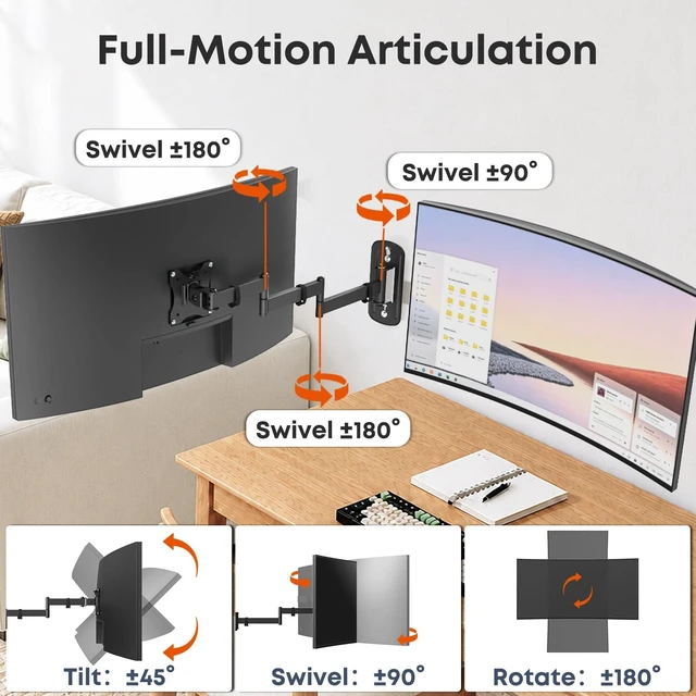 Alt view image 6 of 7 - Long Arm Monitor Wall Mount up to 32 Inch, Heavy Duty 3-Section Steel Arm | 25.94'' Extra Long Wall Mount Monitor Arm, Full Motion VESA Wall Bracket, 75/100mm, Max Loads 19.8lbs