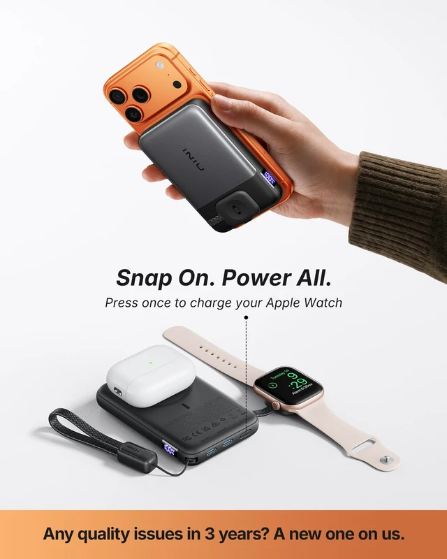 Alt view image 2 of 7 - INIU for Magsafe Qi2.2 25W Portable Charger, 10000mAh Apple Watch Charger | Magnetic 25W & Wired 45W Fast Charging with USB-C Cable, for iPhone 18 - 12 Series, Wireless 5W for Apple Watch S1-S11
