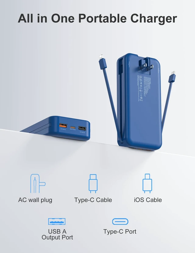 Alt view image 2 of 7 - Portable Charger Power Bank 20000mAh with Built in Cables & Wall Plug | PD20W USB-C Fast Charging Cell Phone Charger Battery Pack,LED Display Travel Battery Bank for All iPhone,Android