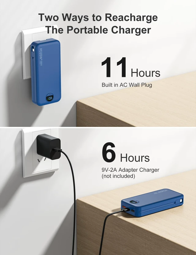 Alt view image 5 of 7 - Portable Charger Power Bank 20000mAh with Built in Cables & Wall Plug | PD20W USB-C Fast Charging Cell Phone Charger Battery Pack,LED Display Travel Battery Bank for All iPhone,Android