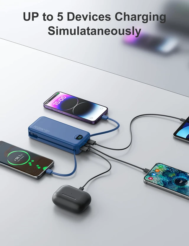 Alt view image 6 of 7 - Portable Charger Power Bank 20000mAh with Built in Cables & Wall Plug | PD20W USB-C Fast Charging Cell Phone Charger Battery Pack,LED Display Travel Battery Bank for All iPhone,Android
