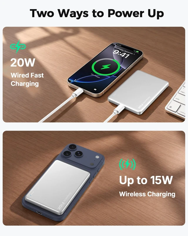 Alt view image 3 of 7 - FIOK Magnetic Power Bank for iPhone ,5000mAh Slim Portable Charger | MagSafe Compatible, 8mm Thin, 4.0 oz Light, Up to 20W USB-C Wired, Up to 15W Wireless, 12N Magnetic Hold(Silver)