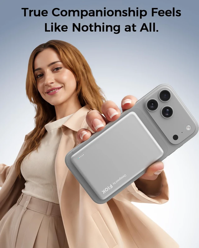 Alt view image 6 of 7 - FIOK Magnetic Power Bank for iPhone ,5000mAh Slim Portable Charger | MagSafe Compatible, 8mm Thin, 4.0 oz Light, Up to 20W USB-C Wired, Up to 15W Wireless, 12N Magnetic Hold(Silver)