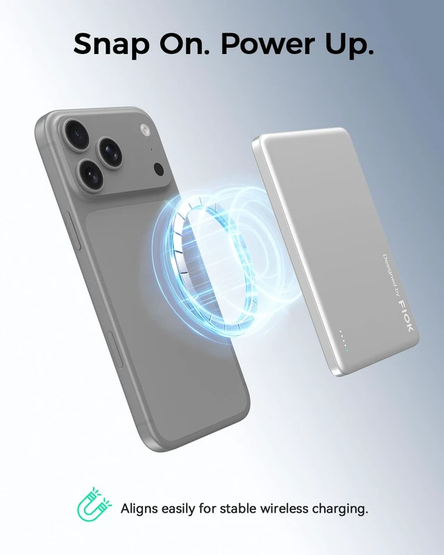 Alt view image 7 of 7 - FIOK Magnetic Power Bank for iPhone ,5000mAh Slim Portable Charger | MagSafe Compatible, 8mm Thin, 4.0 oz Light, Up to 20W USB-C Wired, Up to 15W Wireless, 12N Magnetic Hold(Silver)