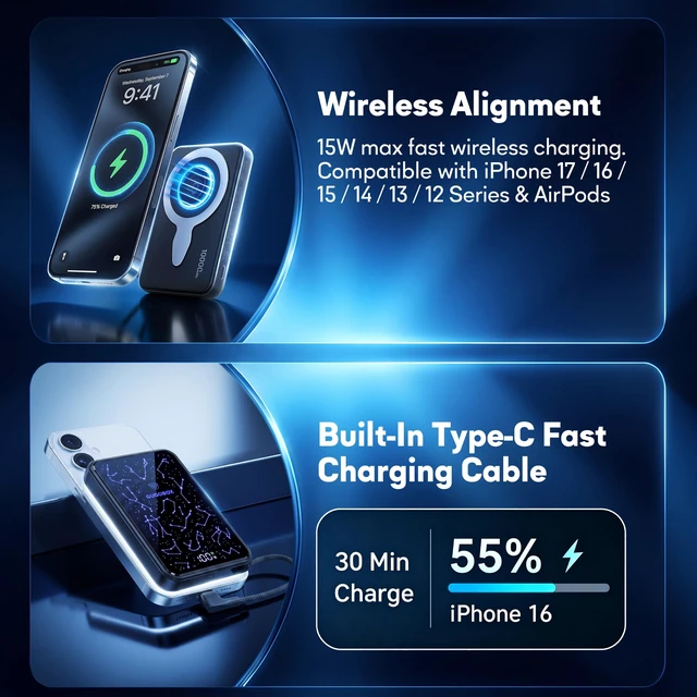 Alt view image 3 of 7 - Magnetic Power Bank 10000mAh, Built-in USB-C Cable, Zodiac LED Display | 22.5W Wired & 15W Wireless Charging, Magnetic Portable Charger with Strap, for iPhone 17/16/15/14/13/12 and Apple Watch