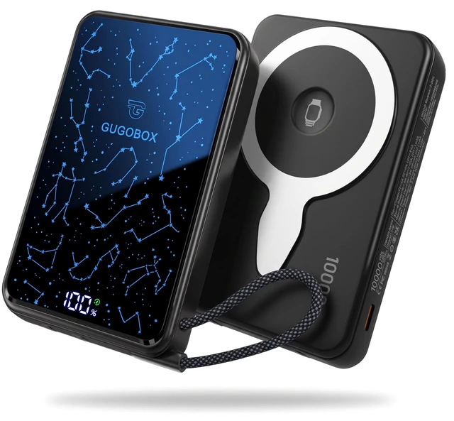 Main image of Magnetic Power Bank 10000mAh, Built-in USB-C Cable, Zodiac LED Display | 22.5W Wired & 15W Wireless Charging, Magnetic Portable Charger with Strap, for iPhone 17/16/15/14/13/12 and Apple Watch