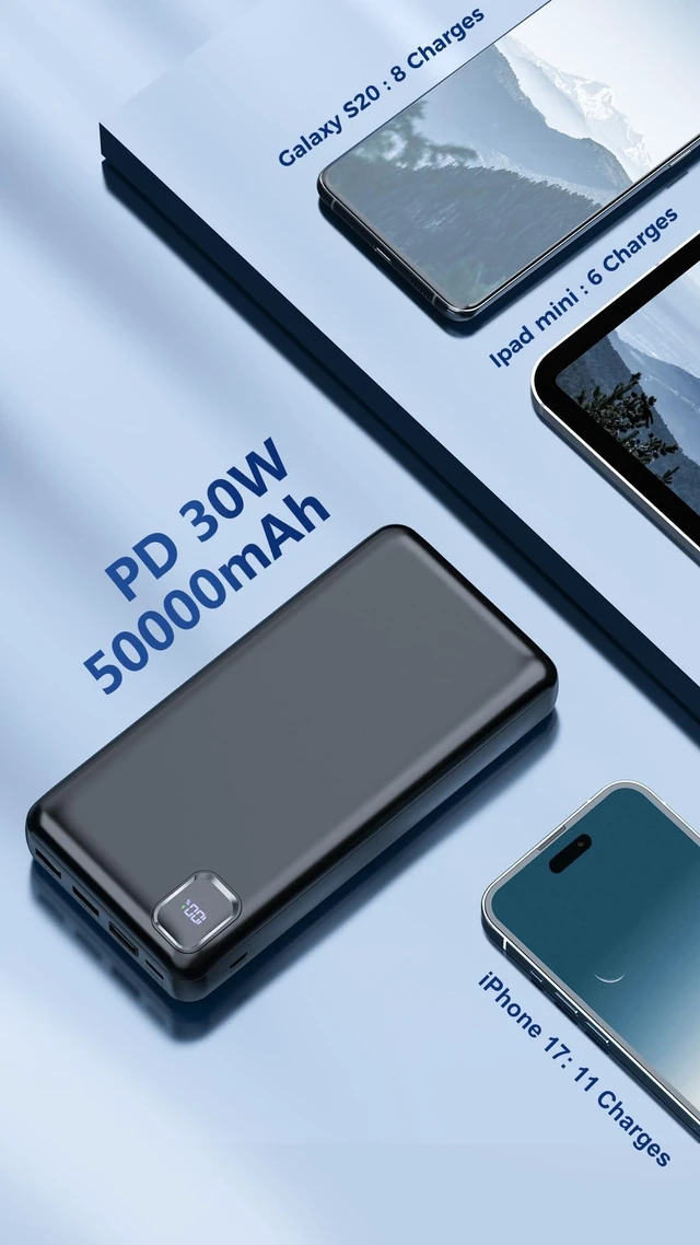 Alt view image 4 of 6 - Portable Charger Power Bank 50000mAh, 30W PD Fast-Charge Battery Pack | 4 Outputs & 2 Inputs, Digital Display,Lightweight, For Camping, Phone Charger for iPhone 17/16/15/14/13, Samsung, Android