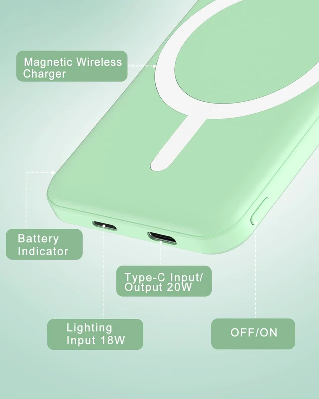 Alt view image 6 of 7 - podorufor MagSafe Power Bank 5000mAh, Ultra-Slim Magnetic Portable Charger | 20W PD Fast Charging, Travel Essentials with USB-C Cable Wireless Battery Pack for iPhone 18/17/16/15/14/13/12 Series-Green