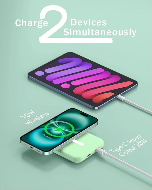 Alt view image 5 of 7 - podorufor MagSafe Power Bank 5000mAh, Ultra-Slim Magnetic Portable Charger | 20W PD Fast Charging, Travel Essentials with USB-C Cable Wireless Battery Pack for iPhone 18/17/16/15/14/13/12 Series-Green