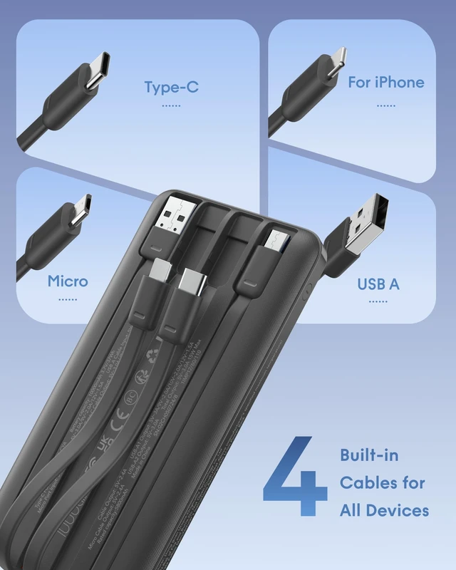 Alt view image 3 of 7 - charmast Portable Charger Fast Charging,Built-in 4 Cables,6 Outs & 4 Inputs | 22.5W 10000 mAh Power Bank USB C Battery Pack Charge 6 Devices at Once,compatible with iPhone,iPad,SamsungTravel Essential