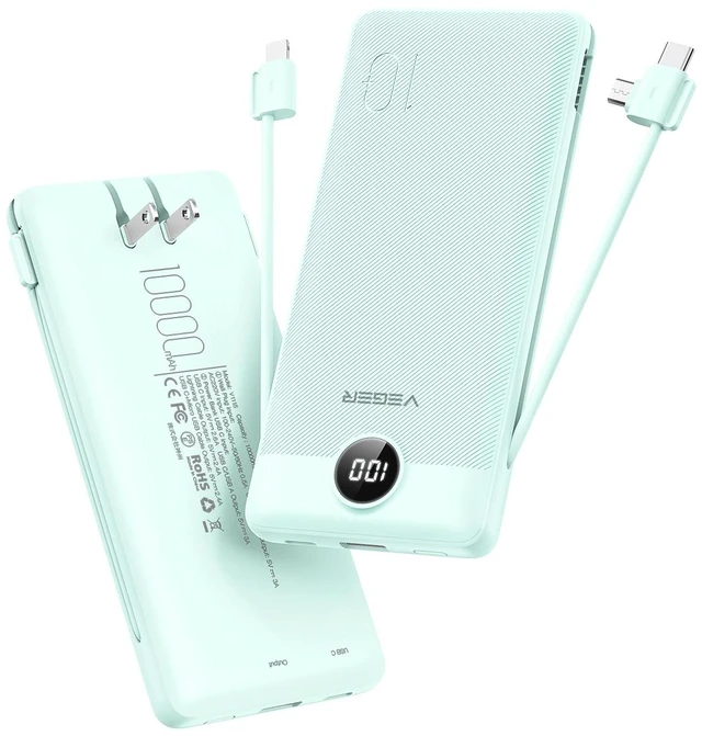 Main image of Portable Charger for iPhone, Power Bank Built in Cables and Wall Plug | 10000mAh,Ultra Slim&Compact,5 Outputs,LED Display,Power Bank for iPhone,Samsung,Travel Essentials for Camping Cruise Business