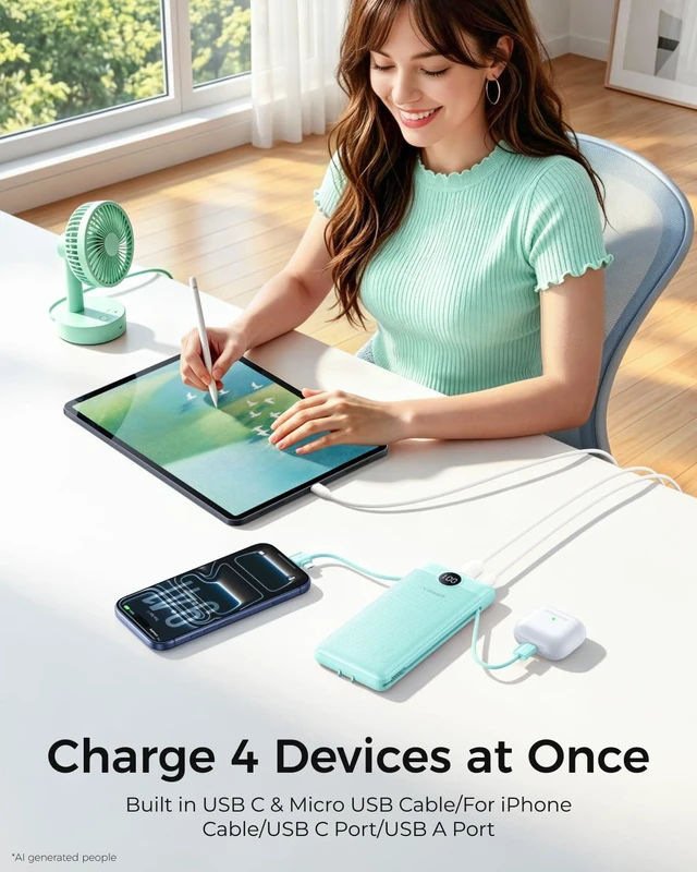 Alt view image 3 of 7 - Portable Charger for iPhone, Power Bank Built in Cables and Wall Plug | 10000mAh,Ultra Slim&Compact,5 Outputs,LED Display,Power Bank for iPhone,Samsung,Travel Essentials for Camping Cruise Business