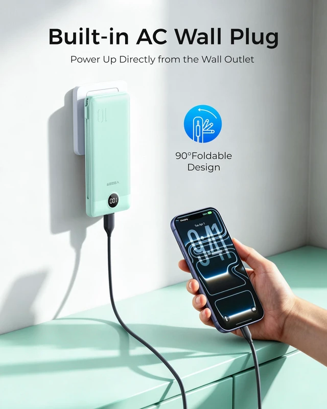 Alt view image 2 of 7 - Portable Charger for iPhone, Power Bank Built in Cables and Wall Plug | 10000mAh,Ultra Slim&Compact,5 Outputs,LED Display,Power Bank for iPhone,Samsung,Travel Essentials for Camping Cruise Business