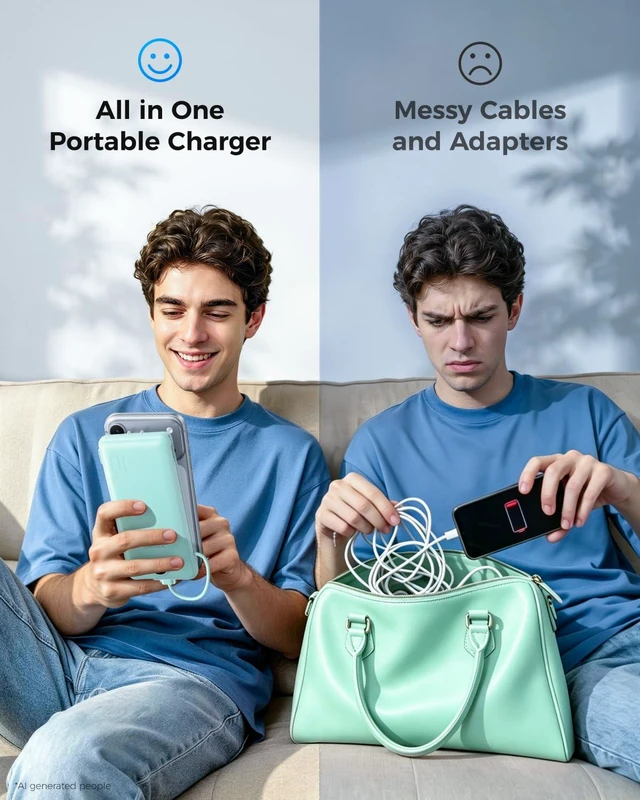 Alt view image 6 of 7 - Portable Charger for iPhone, Power Bank Built in Cables and Wall Plug | 10000mAh,Ultra Slim&Compact,5 Outputs,LED Display,Power Bank for iPhone,Samsung,Travel Essentials for Camping Cruise Business