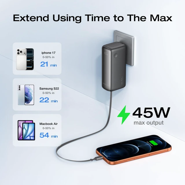 Alt view image 3 of 7 - EF ECOFLOW Rapid 45W Power Bank 3-in-1 Portable Charger with Foldable Wall Plug, USB C 2.3ft Cable And USB-C Port,10000mAh Battery Bank Fast Charging for iphone 17/16/15 Series, Galaxy, ipad, and More