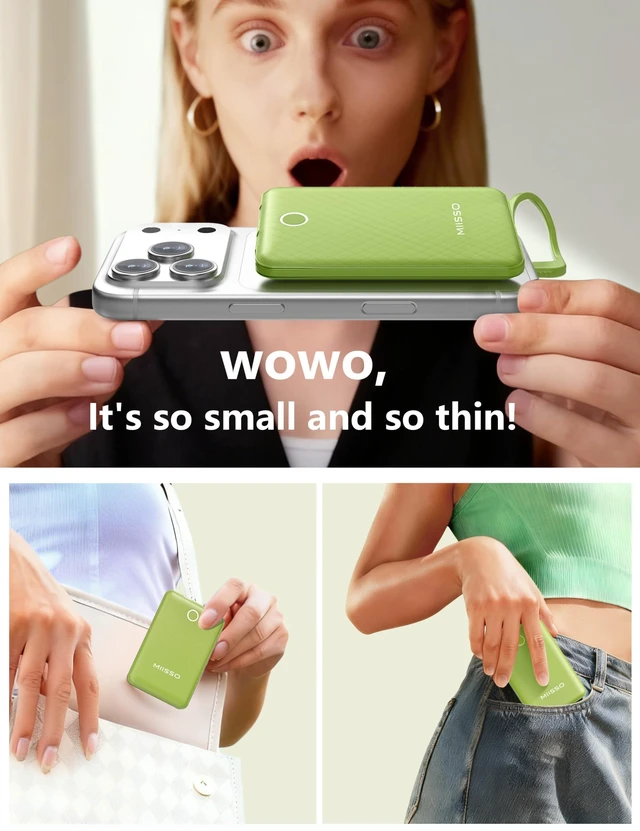 Alt view image 5 of 7 - miisso 10000mAh Mini Portable Charger with Built in Cable, Green | Pocket Size Power Bank, Travel External Battery Pack for Phone, 3 Output, USB Type C Cord, Compatible with iPhone, Samsung