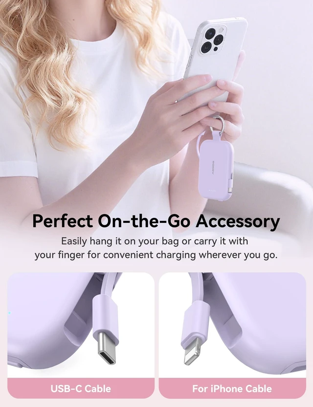 Alt view image 2 of 7 - RORRY CharmGo Portable Charger, 5000mAh Power Bank with Built-in Cables | 20W,Keychain,Travel Essential,Battery Pack,USB-C,Compact,All in Mini,for iPhone18 Pro Max/17-15,for AirPods 3/4/Pro,for iPad