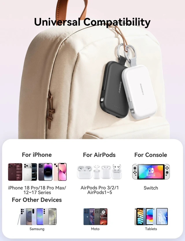 Alt view image 5 of 7 - RORRY CharmGo Portable Charger, 5000mAh Power Bank with Built-in Cables | 20W,Keychain,Travel Essential,Battery Pack,USB-C,Compact,All in Mini,for iPhone18 Pro Max/17-15,for AirPods 3/4/Pro,for iPad