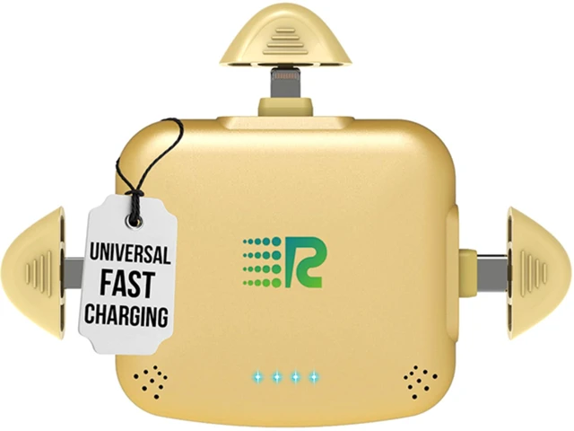 Main image of Rush Charge Universe Mini Power Bank Portable Charger Lightning USB-C Gold | 3300mah, 2.4A, 3 in 1 Portable Charger Fast Charging Lightning, Type C Micro-USB Pre-Charged Pass Through Charges 3 Devices