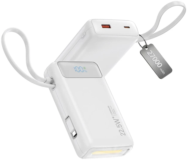 Main image of Portable Charger 27000mAh 22.5W w/Built-in Cable/LED Display White | 22.5W Fast Charging, High Capacity, LED Display, Flashlight, TSA Approved, Charge 3 Devices at once, Fits for iPhone/Samsung