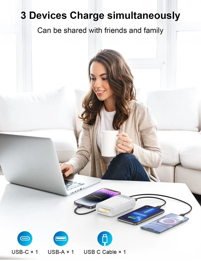 Alt view image 5 of 7 - Portable Charger 27000mAh 22.5W w/Built-in Cable/LED Display White | 22.5W Fast Charging, High Capacity, LED Display, Flashlight, TSA Approved, Charge 3 Devices at once, Fits for iPhone/Samsung