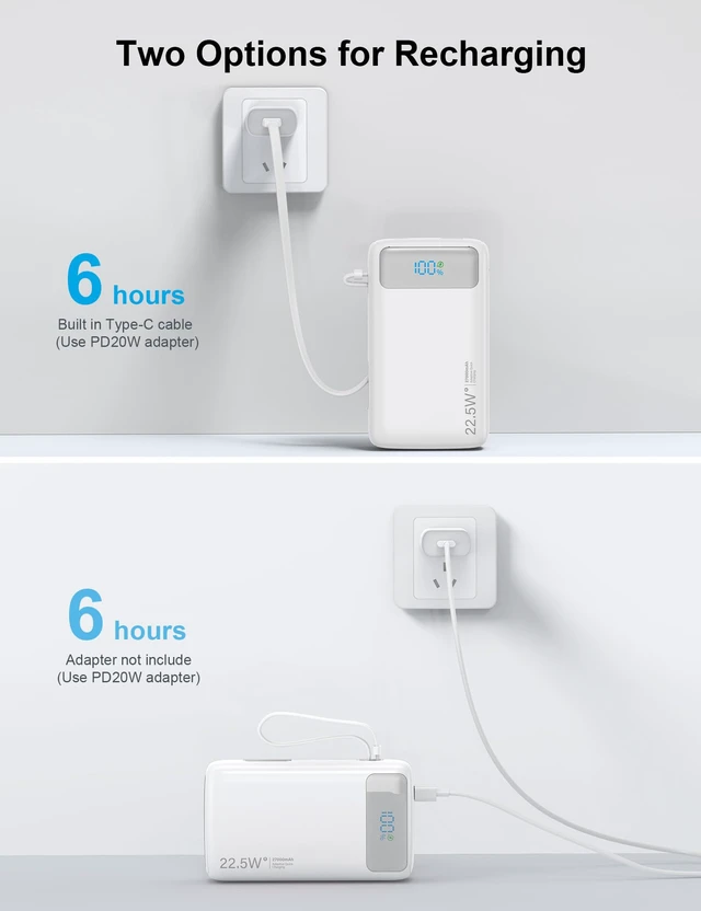 Alt view image 6 of 7 - Portable Charger 27000mAh 22.5W w/Built-in Cable/LED Display White | 22.5W Fast Charging, High Capacity, LED Display, Flashlight, TSA Approved, Charge 3 Devices at once, Fits for iPhone/Samsung