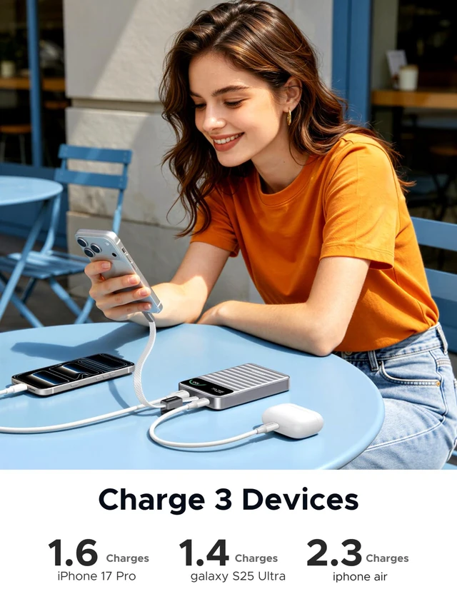 Alt view image 3 of 6 - UGREEN Nexode 45W Power Bank 10000mAh, Built-in Cable & Smart Display | Fast Charging Power Bank, Smart Display, Portable for iPhone 18 Pro Max, Silver for Travel