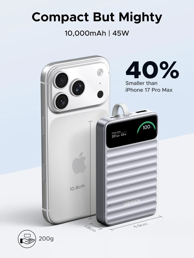 Alt view image 4 of 6 - UGREEN Nexode 45W Power Bank 10000mAh, Built-in Cable & Smart Display | Fast Charging Power Bank, Smart Display, Portable for iPhone 18 Pro Max, Silver for Travel