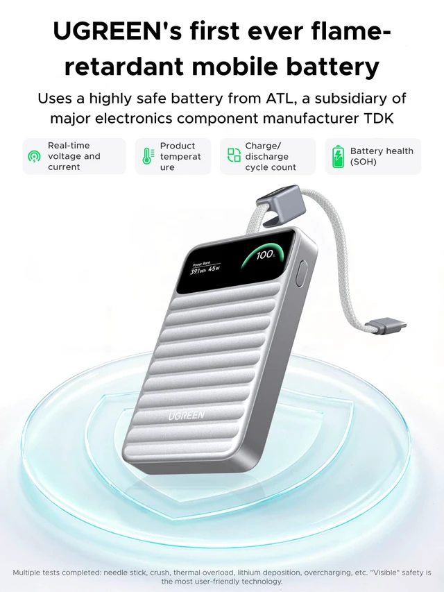 Alt view image 5 of 6 - UGREEN Nexode 45W Power Bank 10000mAh, Built-in Cable & Smart Display | Fast Charging Power Bank, Smart Display, Portable for iPhone 18 Pro Max, Silver for Travel