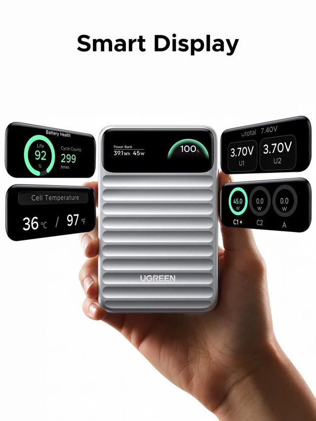 Alt view image 6 of 6 - UGREEN Nexode 45W Power Bank 10000mAh, Built-in Cable & Smart Display | Fast Charging Power Bank, Smart Display, Portable for iPhone 18 Pro Max, Silver for Travel