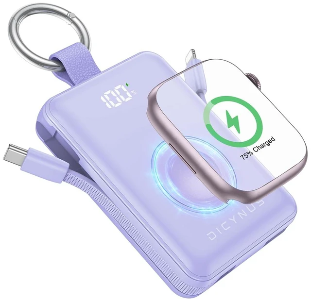 Main image of Portable Charger 10000mAh 22.5W Power Bank with Cables&iWatch Charger | Fast charging, LED display, TSA approved, Compact Keychain Battery Pack for iWatch Series, iPhone 18/17/16/15/14/13, Purple