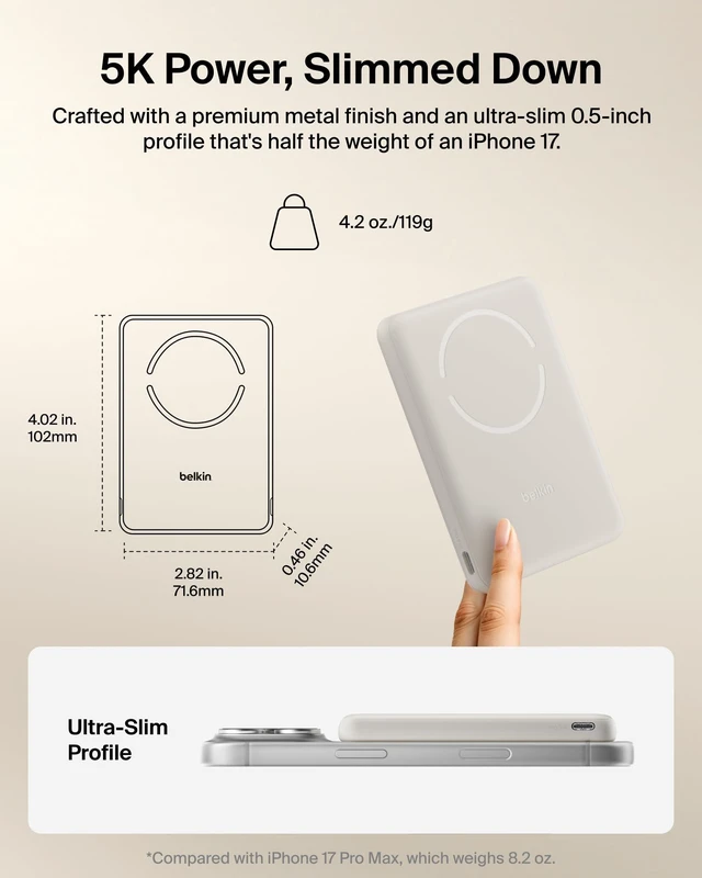 Alt view image 2 of 7 - 5,000mAh 15W MagSafe Power Bank, Slim Qi2 Certified Portable Charger | Magnetic Back Supports MagSafe Accessories On-the-Go, Wireless Battery Pack, USB C Cable, iPhone 18, Pixel 11, Travel, Wallet