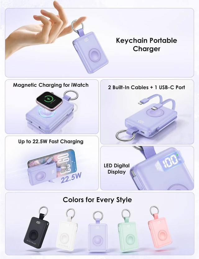 Alt view image 2 of 7 - Portable Charger 10000mAh 22.5W Power Bank with Cables&iWatch Charger | Fast charging, LED display, TSA approved, Compact Keychain Battery Pack for iWatch Series, iPhone 18/17/16/15/14/13, Purple