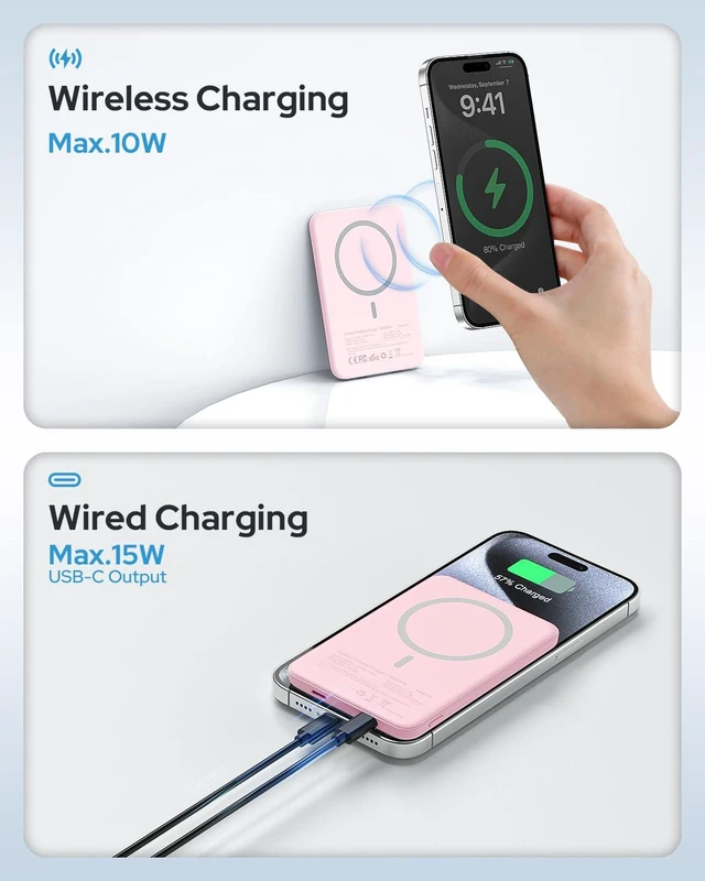 Alt view image 4 of 6 - for Magsafe Portable Charger, 5000mAh for Magsafe Power Bank with USB C | Travel Camping Essential for Magnetic Battery Pack Compatible with iPhone 17/16/15/14/13/12 Series (Pink)