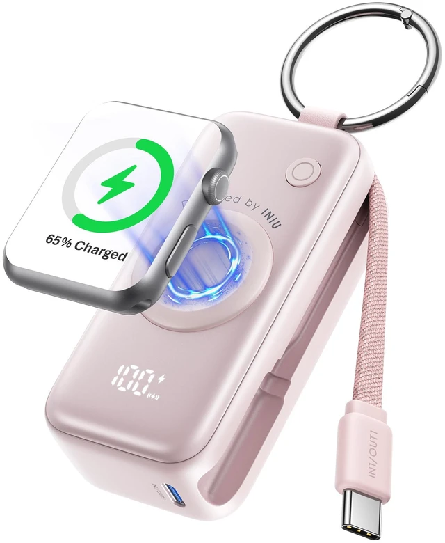 Main image of INIU SnapGo Portable Charger, 5000mAh Mini Power Bank for Apple Watch | 20W Fast Charging, Travel Keychain, Built-in USB-C Cable, Flight-Safe, Battery Pack for Apple Watch, iPhone 18 17 etc, Pink